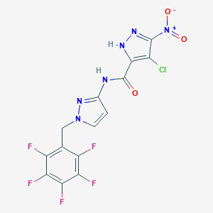 4-chloro-3-nitro-N-[1-[(2,3,4,5,6-pentafluorophenyl)methyl]pyrazol-3-yl]-1H-pyrazole-5-carboxamide