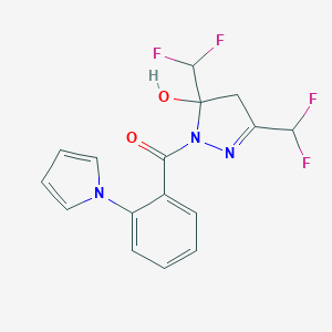 molecular formula C16H13F4N3O2 B279742 3,5-bis(difluoromethyl)-1-[2-(1H-pyrrol-1-yl)benzoyl]-4,5-dihydro-1H-pyrazol-5-ol 