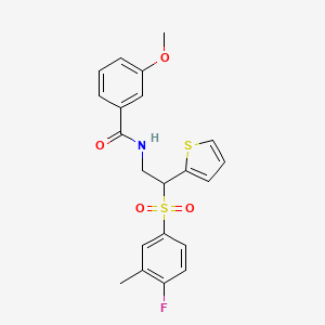 molecular formula C21H20FNO4S2 B2797459 N-[2-[(4-fluoro-3-methylphenyl)sulfonyl]-2-(2-thienyl)ethyl]-3-methoxybenzamide CAS No. 946264-60-4