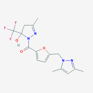 molecular formula C16H17F3N4O3 B279749 {5-[(3,5-dimethyl-1H-pyrazol-1-yl)methyl]furan-2-yl}[5-hydroxy-3-methyl-5-(trifluoromethyl)-4,5-dihydro-1H-pyrazol-1-yl]methanone 