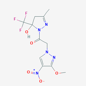 molecular formula C11H12F3N5O5 B279750 1-({4-nitro-3-methoxy-1H-pyrazol-1-yl}acetyl)-3-methyl-5-(trifluoromethyl)-4,5-dihydro-1H-pyrazol-5-ol 