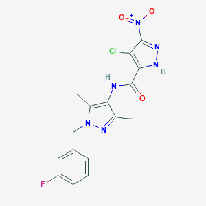 molecular formula C16H14ClFN6O3 B279752 4-chloro-N-[1-[(3-fluorophenyl)methyl]-3,5-dimethylpyrazol-4-yl]-3-nitro-1H-pyrazole-5-carboxamide 