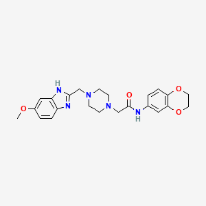 molecular formula C23H27N5O4 B2797562 N-(2,3-二氢苯并[b][1,4]二氧杂环-6-基)-2-(4-((5-甲氧基-1H-苯并[d]咪唑-2-基)甲基哌嗪-1-基)乙酰胺 CAS No. 1172069-04-3