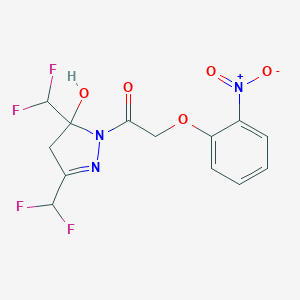 molecular formula C13H11F4N3O5 B279760 3,5-bis(difluoromethyl)-1-({2-nitrophenoxy}acetyl)-4,5-dihydro-1H-pyrazol-5-ol 