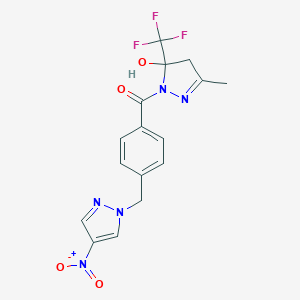 molecular formula C16H14F3N5O4 B279773 [5-hydroxy-3-methyl-5-(trifluoromethyl)-4,5-dihydro-1H-pyrazol-1-yl]{4-[(4-nitro-1H-pyrazol-1-yl)methyl]phenyl}methanone 