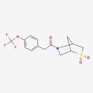 molecular formula C14H14F3NO4S B2797776 1-(2,2-Dioxido-2-thia-5-azabicyclo[2.2.1]heptan-5-yl)-2-(4-(trifluoromethoxy)phenyl)ethanone CAS No. 2034310-22-8