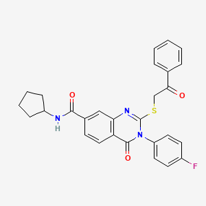 molecular formula C28H24FN3O3S B2797841 N-cyclopentyl-3-(4-fluorophenyl)-4-oxo-2-((2-oxo-2-phenylethyl)thio)-3,4-dihydroquinazoline-7-carboxamide CAS No. 1113135-45-7