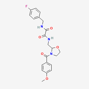 molecular formula C21H22FN3O5 B2797879 N1-(4-fluorobenzyl)-N2-((3-(4-methoxybenzoyl)oxazolidin-2-yl)methyl)oxalamide CAS No. 874805-23-9