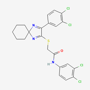 molecular formula C22H19Cl4N3OS B2797919 N-(3,4-dichlorophenyl)-2-((3-(3,4-dichlorophenyl)-1,4-diazaspiro[4.5]deca-1,3-dien-2-yl)thio)acetamide CAS No. 899932-29-7