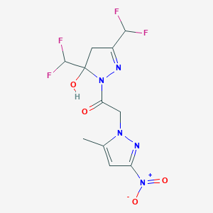 molecular formula C11H11F4N5O4 B279792 3,5-bis(difluoromethyl)-1-({3-nitro-5-methyl-1H-pyrazol-1-yl}acetyl)-4,5-dihydro-1H-pyrazol-5-ol 