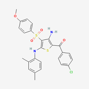 molecular formula C26H23ClN2O4S2 B2797965 (3-Amino-5-((2,4-dimethylphenyl)amino)-4-((4-methoxyphenyl)sulfonyl)thiophen-2-yl)(4-chlorophenyl)methanone CAS No. 1115520-67-6