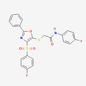 molecular formula C23H16F2N2O4S2 B2797993 N-(4-fluorophenyl)-2-((4-((4-fluorophenyl)sulfonyl)-2-phenyloxazol-5-yl)thio)acetamide CAS No. 850925-98-3