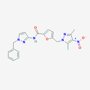 molecular formula C21H20N6O4 B279800 N-(1-benzyl-1H-pyrazol-3-yl)-5-({4-nitro-3,5-dimethyl-1H-pyrazol-1-yl}methyl)-2-furamide 
