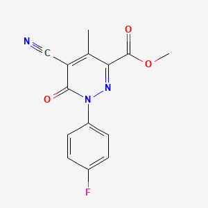 molecular formula C14H10FN3O3 B2798003 Methyl 5-cyano-1-(4-fluorophenyl)-4-methyl-6-oxo-1,6-dihydro-3-pyridazinecarboxylate CAS No. 339018-13-2