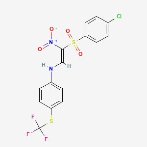 molecular formula C15H10ClF3N2O4S2 B2798025 N-[(E)-2-(4-氯苯基)磺酰-2-硝基乙烯基]-4-(三氟甲基硫基)苯胺 CAS No. 1025316-32-8