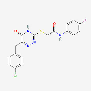 molecular formula C18H14ClFN4O2S B2798031 2-((6-(4-chlorobenzyl)-5-oxo-4,5-dihydro-1,2,4-triazin-3-yl)thio)-N-(4-fluorophenyl)acetamide CAS No. 898624-90-3