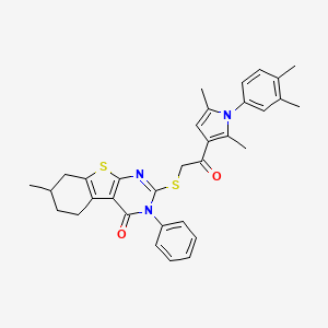 molecular formula C33H33N3O2S2 B2798036 2-[2-[1-(3,4-Dimethylphenyl)-2,5-dimethylpyrrol-3-yl]-2-oxoethyl]sulfanyl-7-methyl-3-phenyl-5,6,7,8-tetrahydro-[1]benzothiolo[2,3-d]pyrimidin-4-one CAS No. 452923-42-1