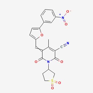 molecular formula C22H17N3O7S B2798055 1-(1,1-Dioxo-1lambda6-thiolan-3-yl)-4-methyl-5-{[5-(3-nitrophenyl)furan-2-yl]methylidene}-2,6-dioxo-1,2,5,6-tetrahydropyridine-3-carbonitrile CAS No. 850899-55-7