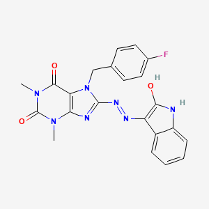 molecular formula C22H18FN7O3 B2798107 (E)-7-(4-氟苄基)-1,3-二甲基-8-(2-(2-氧代吲哚啉-3-基亚甲基)肼基)-1H-嘧啶-2,6(3H,7H)-二酮 CAS No. 377051-29-1