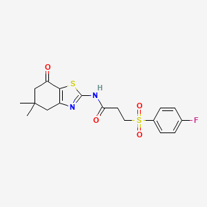 molecular formula C18H19FN2O4S2 B2798124 N-(5,5-dimethyl-7-oxo-4,5,6,7-tetrahydro-1,3-benzothiazol-2-yl)-3-(4-fluorobenzenesulfonyl)propanamide CAS No. 895470-38-9