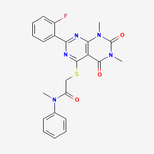 molecular formula C23H20FN5O3S B2798126 2-((2-(2-fluorophenyl)-6,8-dimethyl-5,7-dioxo-5,6,7,8-tetrahydropyrimido[4,5-d]pyrimidin-4-yl)thio)-N-methyl-N-phenylacetamide CAS No. 888416-66-8