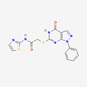 molecular formula C16H12N6O2S2 B2798143 2-((4-oxo-1-phenyl-4,5-dihydro-1H-pyrazolo[3,4-d]pyrimidin-6-yl)thio)-N-(thiazol-2-yl)acetamide CAS No. 850912-05-9