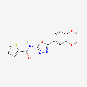 molecular formula C15H11N3O4S B2798356 N-(5-(2,3-dihydrobenzo[b][1,4]dioxin-6-yl)-1,3,4-oxadiazol-2-yl)thiophene-2-carboxamide CAS No. 851094-50-3