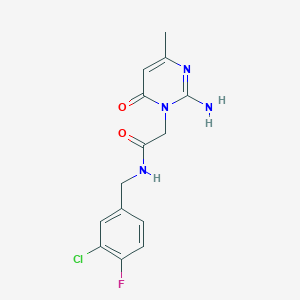molecular formula C14H14ClFN4O2 B2798399 2-[2-amino-4-methyl-6-oxo-1(6H)-pyrimidinyl]-N~1~-(3-chloro-4-fluorobenzyl)acetamide CAS No. 1251627-36-7