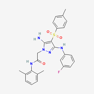 molecular formula C26H26FN5O3S B2798457 2-(5-amino-3-((3-fluorophenyl)amino)-4-tosyl-1H-pyrazol-1-yl)-N-(2,6-dimethylphenyl)acetamide CAS No. 2034476-97-4