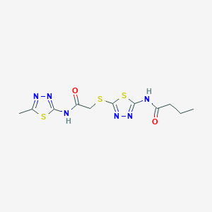 molecular formula C11H14N6O2S3 B2798507 N-(5-((2-((5-methyl-1,3,4-thiadiazol-2-yl)amino)-2-oxoethyl)thio)-1,3,4-thiadiazol-2-yl)butyramide CAS No. 392318-82-0