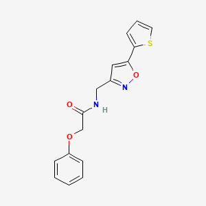 molecular formula C16H14N2O3S B2798540 2-phenoxy-N-((5-(thiophen-2-yl)isoxazol-3-yl)methyl)acetamide CAS No. 946263-29-2