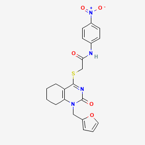 molecular formula C21H20N4O5S B2798584 2-((1-(呋喃-2-基甲基)-2-氧代-1,2,5,6,7,8-六氢喹唑啉-4-基)硫)-N-(4-硝基苯基)乙酰胺 CAS No. 900000-09-1