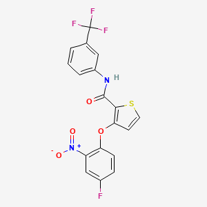 molecular formula C18H10F4N2O4S B2798634 3-(4-fluoro-2-nitrophenoxy)-N-[3-(trifluoromethyl)phenyl]thiophene-2-carboxamide CAS No. 303152-70-7