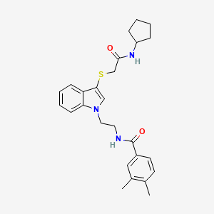 molecular formula C26H31N3O2S B2798669 N-(2-(3-((2-(cyclopentylamino)-2-oxoethyl)thio)-1H-indol-1-yl)ethyl)-3,4-dimethylbenzamide CAS No. 896676-81-6