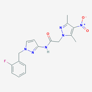 molecular formula C17H17FN6O3 B279867 2-(3,5-dimethyl-4-nitro-1H-pyrazol-1-yl)-N-[1-(2-fluorobenzyl)-1H-pyrazol-3-yl]acetamide 