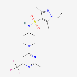 molecular formula C18H25F3N6O2S B2798758 1-ethyl-3,5-dimethyl-N-(1-(2-methyl-6-(trifluoromethyl)pyrimidin-4-yl)piperidin-4-yl)-1H-pyrazole-4-sulfonamide CAS No. 2034260-64-3