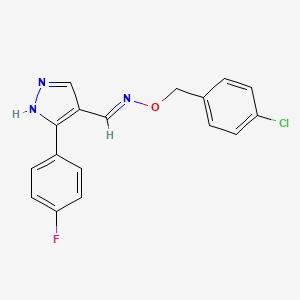 molecular formula C17H13ClFN3O B2798787 (E)-[(4-chlorophenyl)methoxy]({[3-(4-fluorophenyl)-1H-pyrazol-4-yl]methylidene})amine CAS No. 477711-36-7