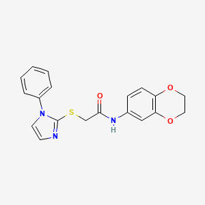 molecular formula C19H17N3O3S B2798796 N-(2,3-dihydrobenzo[b][1,4]dioxin-6-yl)-2-((1-phenyl-1H-imidazol-2-yl)thio)acetamide CAS No. 688335-35-5