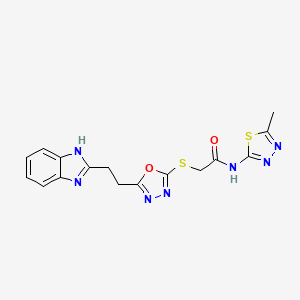 molecular formula C16H15N7O2S2 B2798863 2-((5-(2-(1H-benzo[d]imidazol-2-yl)ethyl)-1,3,4-oxadiazol-2-yl)thio)-N-(5-methyl-1,3,4-thiadiazol-2-yl)acetamide CAS No. 1251577-76-0