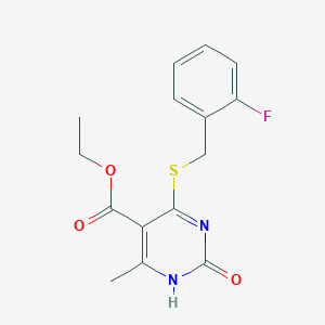 molecular formula C15H15FN2O3S B2798906 乙酸4-[(2-氟苯基)甲硫基]-6-甲基-2-氧代-1H-嘧啶-5-甲酸乙酯 CAS No. 900002-01-9