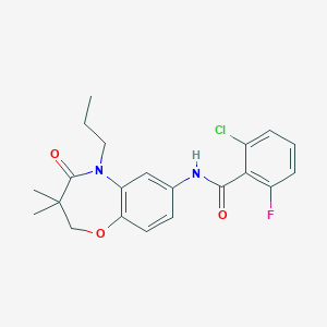 molecular formula C21H22ClFN2O3 B2799009 2-chloro-N-(3,3-dimethyl-4-oxo-5-propyl-2,3,4,5-tetrahydrobenzo[b][1,4]oxazepin-7-yl)-6-fluorobenzamide CAS No. 921521-74-6