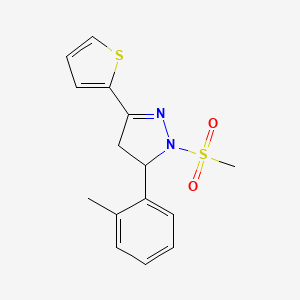 molecular formula C15H16N2O2S2 B2799011 3-(2-Methylphenyl)-2-methylsulfonyl-5-thiophen-2-yl-3,4-dihydropyrazole CAS No. 710986-67-7