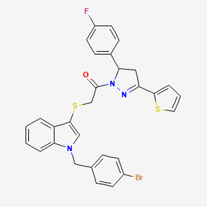 molecular formula C30H23BrFN3OS2 B2799029 2-((1-(4-bromobenzyl)-1H-indol-3-yl)thio)-1-(5-(4-fluorophenyl)-3-(thiophen-2-yl)-4,5-dihydro-1H-pyrazol-1-yl)ethanone CAS No. 681274-53-3
