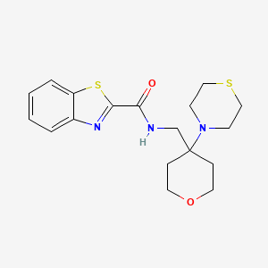 molecular formula C18H23N3O2S2 B2799047 N-[(4-Thiomorpholin-4-yloxan-4-yl)methyl]-1,3-benzothiazole-2-carboxamide CAS No. 2415468-93-6