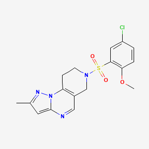 molecular formula C17H17ClN4O3S B2799050 7-((5-Chloro-2-methoxyphenyl)sulfonyl)-2-methyl-6,7,8,9-tetrahydropyrazolo[1,5-a]pyrido[3,4-e]pyrimidine CAS No. 1797190-22-7