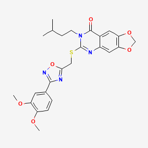 molecular formula C25H26N4O6S B2799073 6-(((3-(3,4-dimethoxyphenyl)-1,2,4-oxadiazol-5-yl)methyl)thio)-7-isopentyl-[1,3]dioxolo[4,5-g]quinazolin-8(7H)-one CAS No. 1112014-91-1