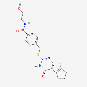 molecular formula C20H21N3O3S2 B2799074 N-(2-hydroxyethyl)-4-(((3-methyl-4-oxo-4,5,6,7-tetrahydro-3H-cyclopenta[4,5]thieno[2,3-d]pyrimidin-2-yl)thio)methyl)benzamide CAS No. 327094-61-1