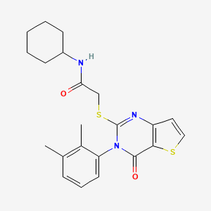 molecular formula C22H25N3O2S2 B2799076 N-cyclohexyl-2-{[3-(2,3-dimethylphenyl)-4-oxo-3,4-dihydrothieno[3,2-d]pyrimidin-2-yl]sulfanyl}acetamide CAS No. 1291843-48-5