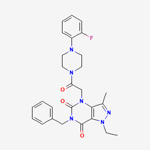 molecular formula C27H29FN6O3 B2799115 6-苄基-1-乙基-4-(2-(4-(2-氟苯基)哌嗪-1-基)-2-氧代乙基)-3-甲基-1H-吡唑并[4,3-d]嘧啶-5,7(4H,6H)-二酮 CAS No. 1358042-25-7