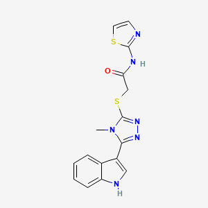 molecular formula C16H14N6OS2 B2799141 2-((5-(1H-indol-3-yl)-4-methyl-4H-1,2,4-triazol-3-yl)thio)-N-(thiazol-2-yl)acetamide CAS No. 852143-16-9